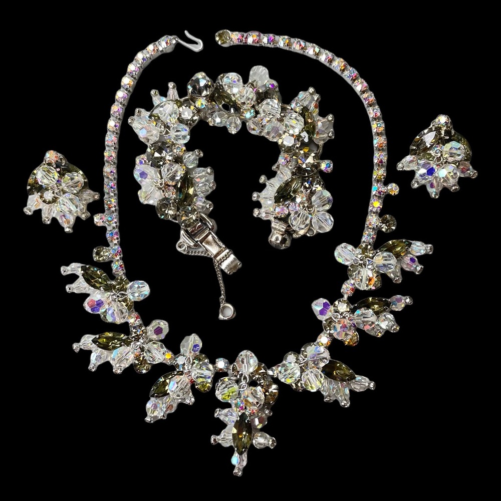 Juliana Clear & Smokey Rhinestone Necklace Earrings Bracelet Cha Cha Set VTG